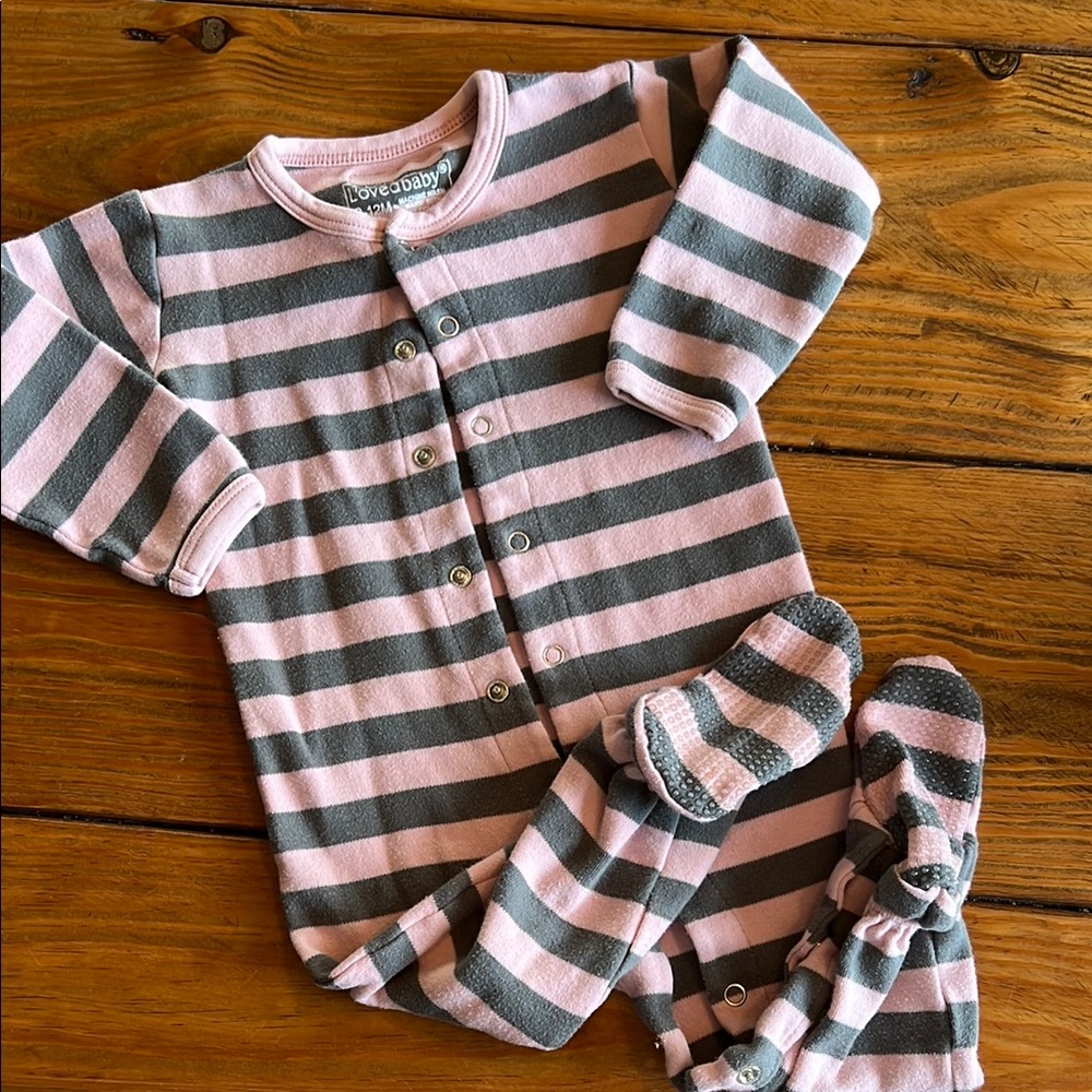 Loved Baby Pink and Gray Striped One Piece footie